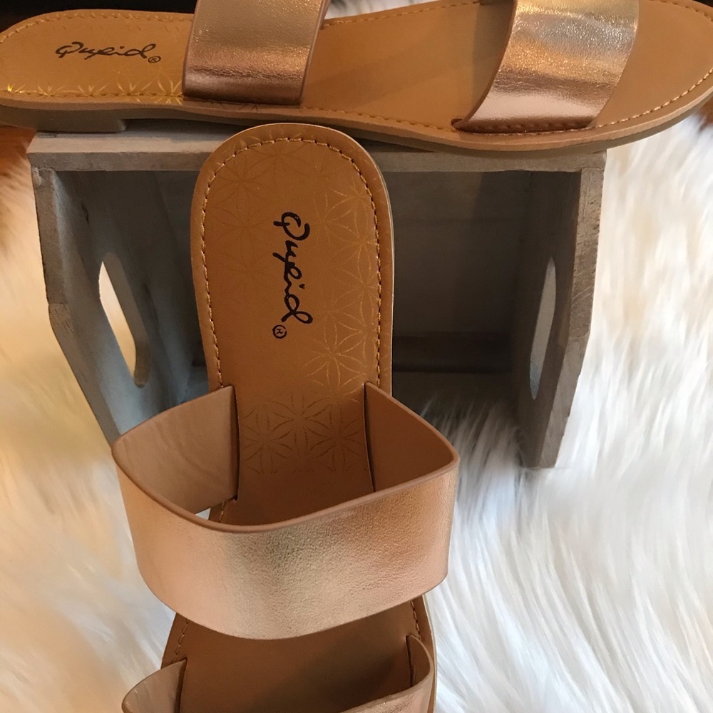 Qupid Gold Double Strap Sandals - Picture 2 of 2